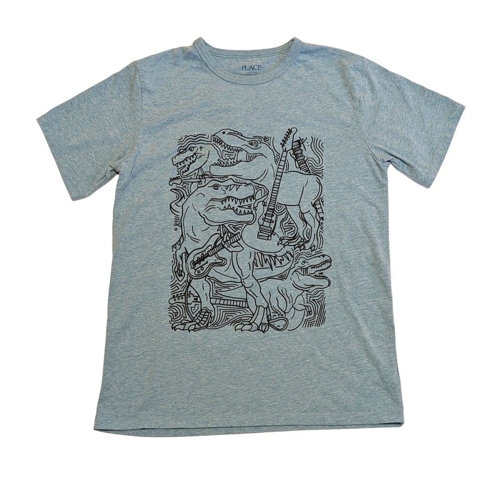 Childrens Place Boys XL 14 Blue Heather Dinosaur Guitar Graphic T-Shirt